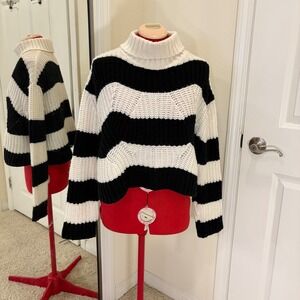 Vale Black White Striped Chunky Knit Turtleneck Wool Blend Cropped Sweater